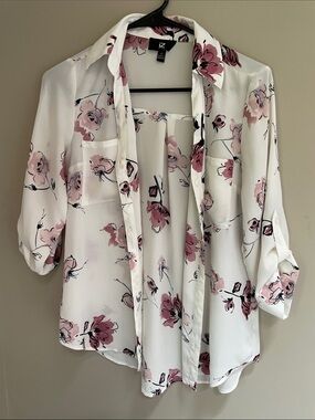 Iz Byer White Sheer Blouse with Pink Floral Print